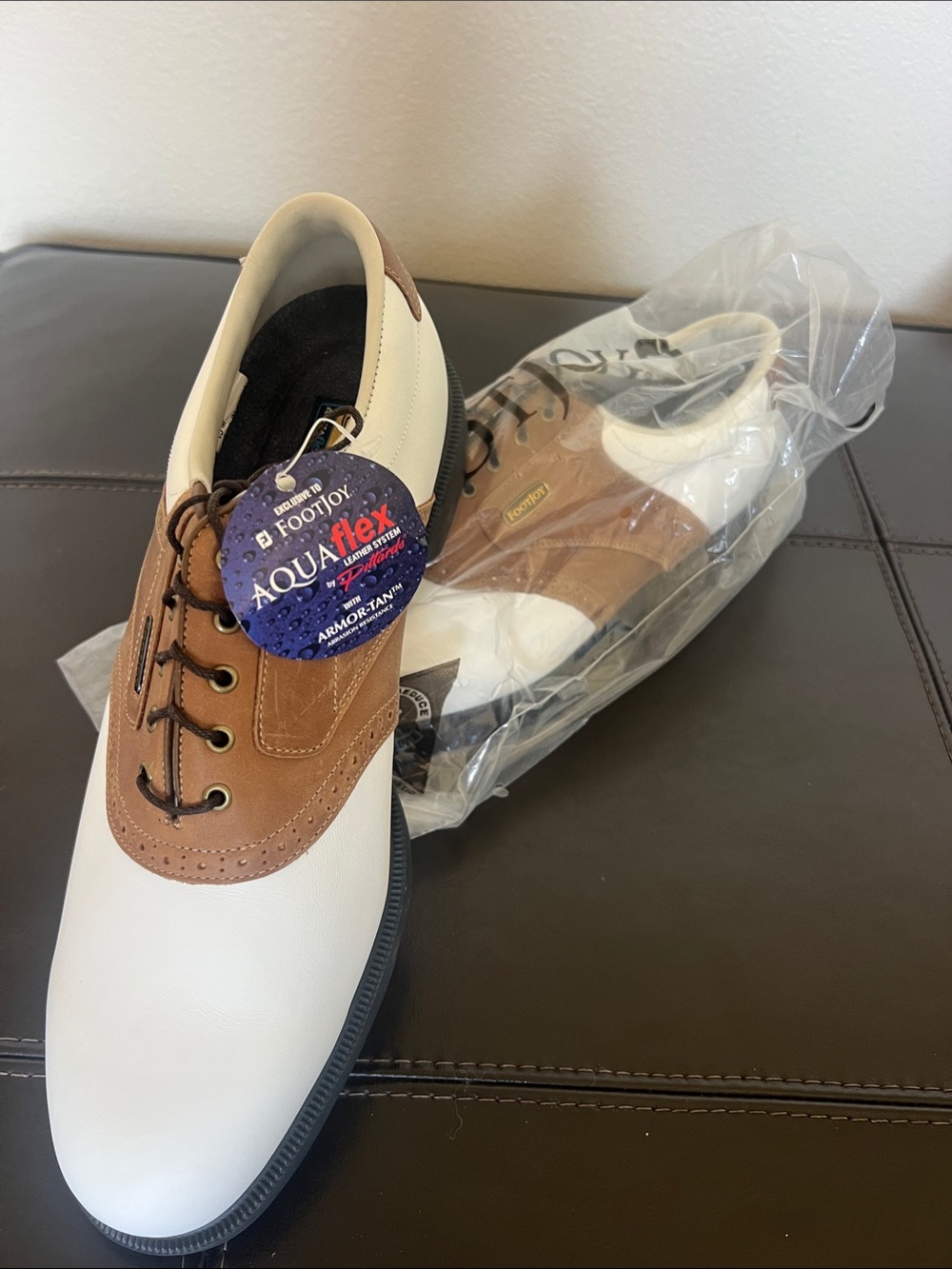 FootJoy Men's White and Tan AquaFlex Golf Shoes